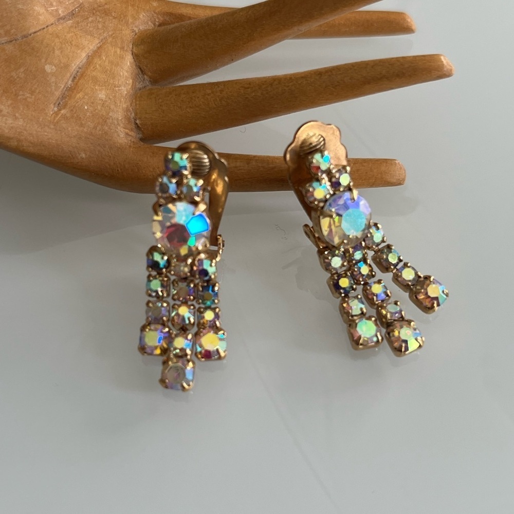 Vintage AB Rhinestone Clip-on Dangle Earrings